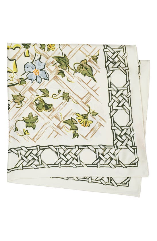 Click to view more detailed imagery on our partner's website Tory Burch Painted Caning With Birds Silk Square Scarf In New Ivory