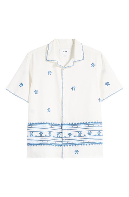 Shop Wax London Didcot Daisy Embroidered Cotton & Linen Button-up Shirt In Ecru/ Blue