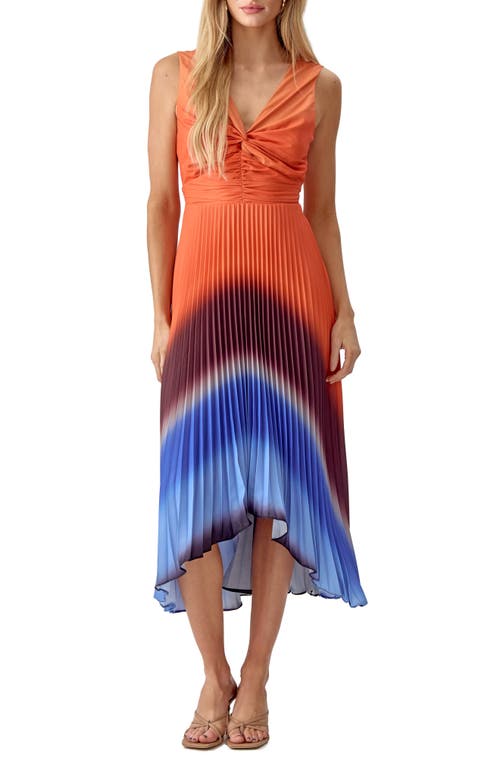 Ombré Pleat High-Low Sleeveless Dress in Orange Multi