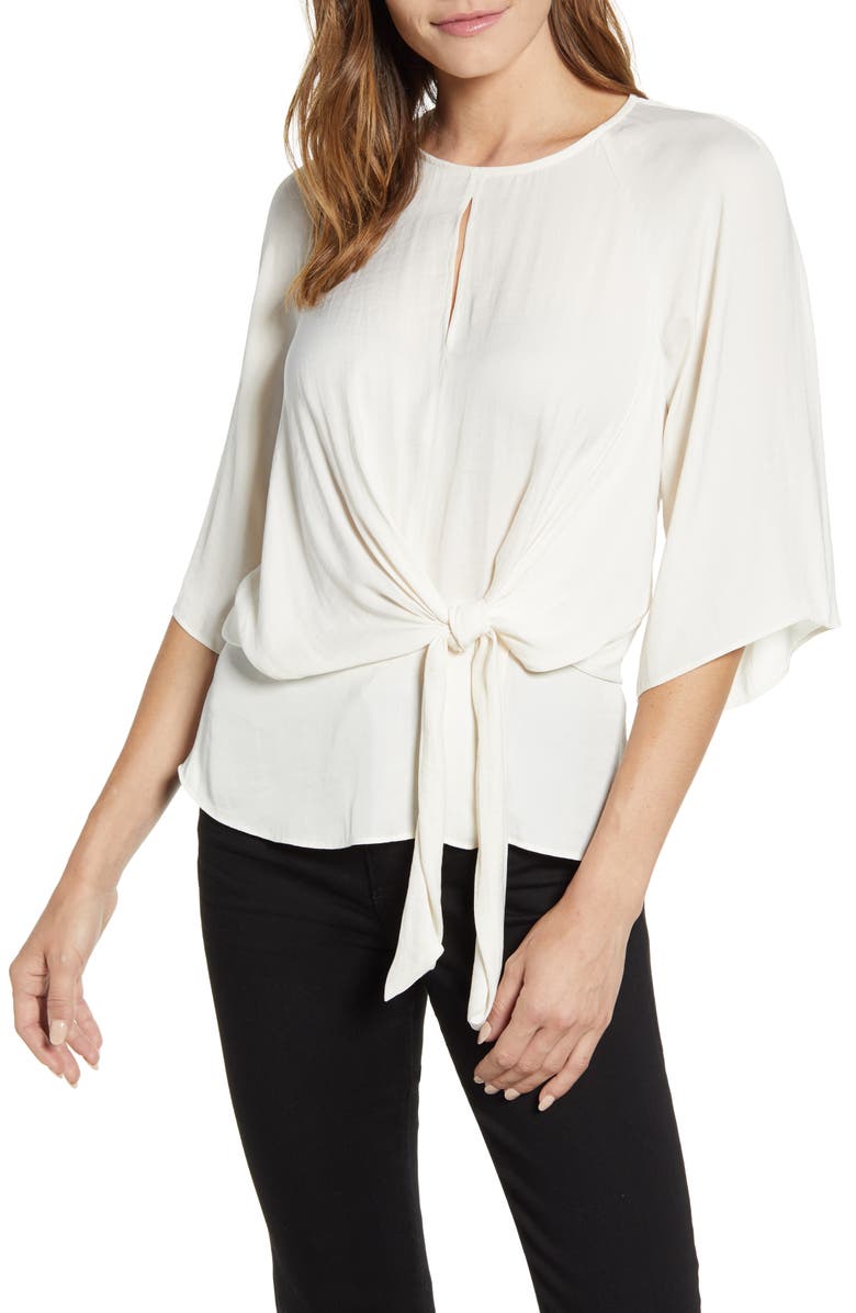 Bell Sleeve Tie Waist Hammered Satin Blouse, Main, color, PEARL IVORY