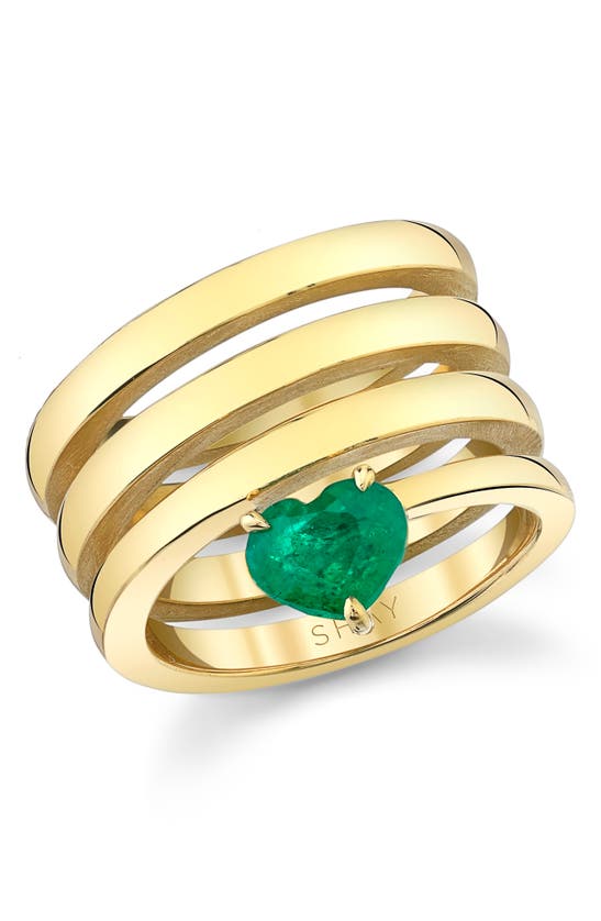 Shay Emerald Heart Spiral Stack Ring In Yellow Gold