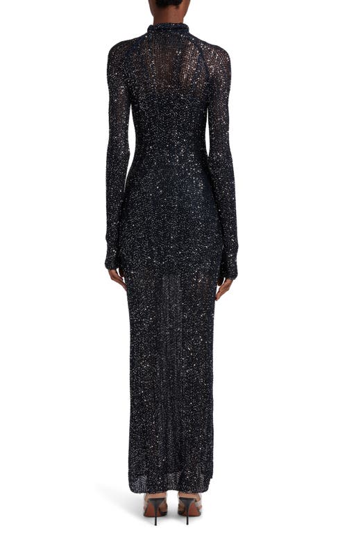 Shop Alaïa Semisheer Sequin Open Stitch Long Sleeve Maxi Dress In Marine/argent