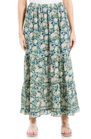 Max Studio Floral Tiered Cotton Blend Maxi Skirt In Gray