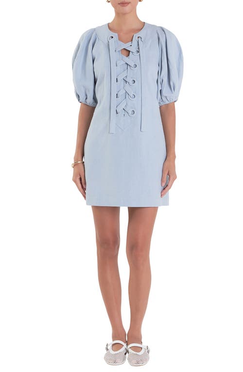 ENGLISH FACTORY ENGLISH FACTORY LACE-UP FRONT PUFF SLEEVE MINIDRESS 