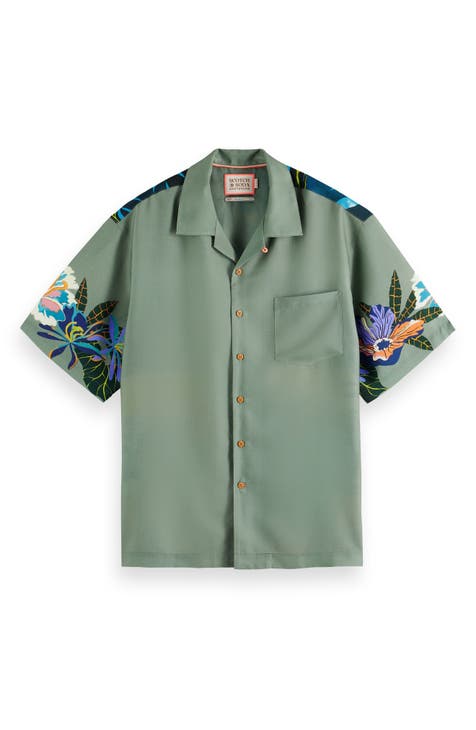 Trim Fit Tennis Print Short Sleeve Button-Up Camp Shirt