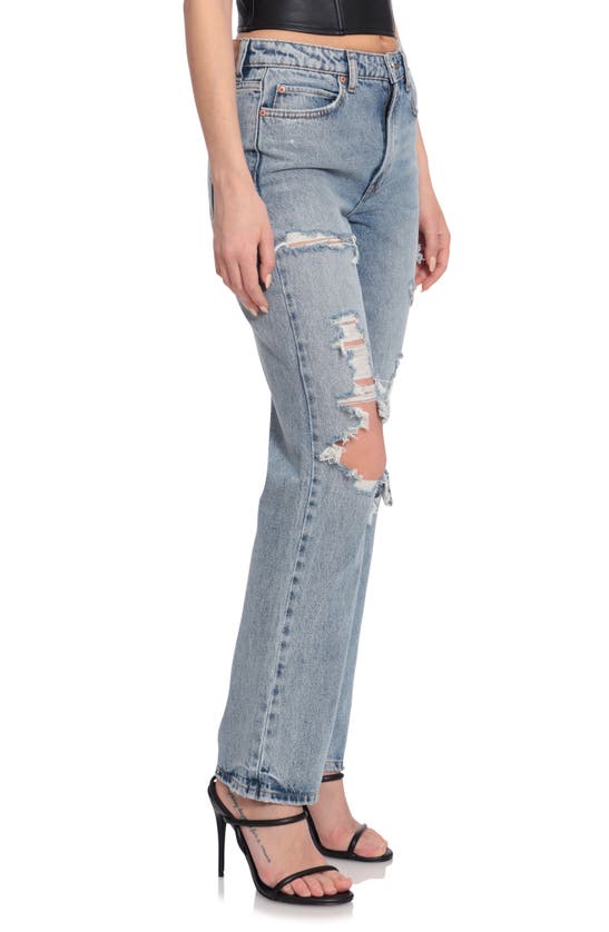 Shop Avec Les Filles Ripped Distressed High Waist Straight Leg Nonstretch Jeans In Mid Morning Destructed Wash