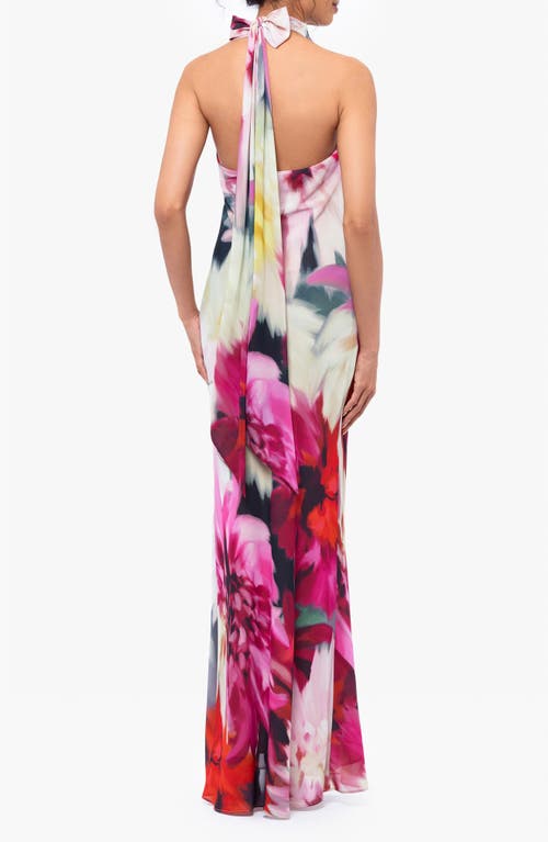 Betsy & Adam Floral Halter Gown In Fuchsia/blush