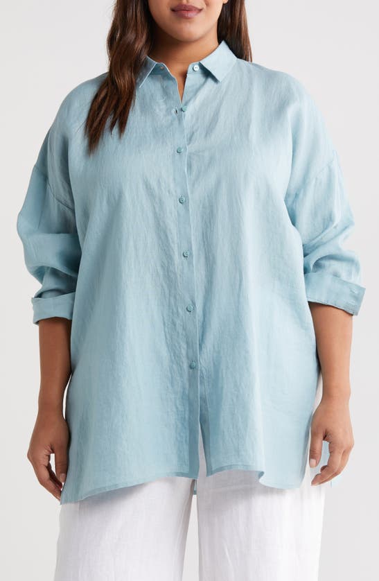 Eileen Fisher Classic Long Organic Linen Button-up Shirt In Blue