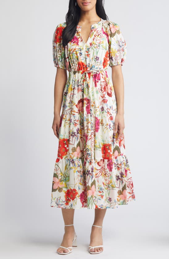 Shop Anne Klein Puff Sleeve Tiered Midi Dress In Egret Multi