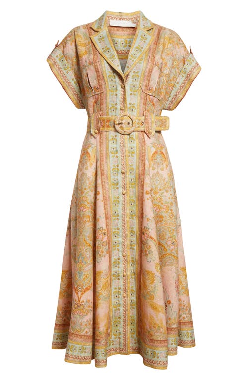 Shop Zimmermann Acacia Floral Stripe Belted Linen Midi Shirtdress In Pink Multi
