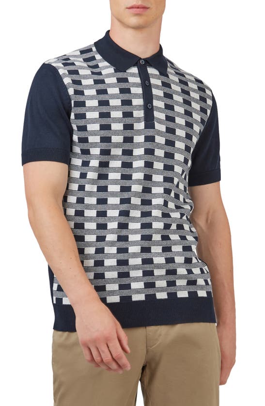 Ben Sherman Men's Jacquard Check-front Short-sleeve Embroidered Polo Shirt In Dark Navy