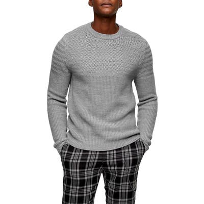 Topman Mixed Stitch Crewneck Sweater, Grey