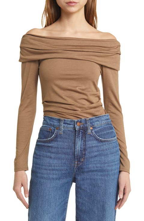 Abana Drape Off the Shoulder Long Sleeve Pima Cotton Blend Top