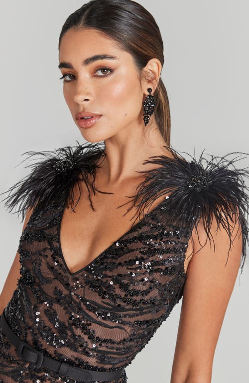 Nadine Merabi Jenna Ostrich Feather Trim Sequin Belted Jumpsuit In Black