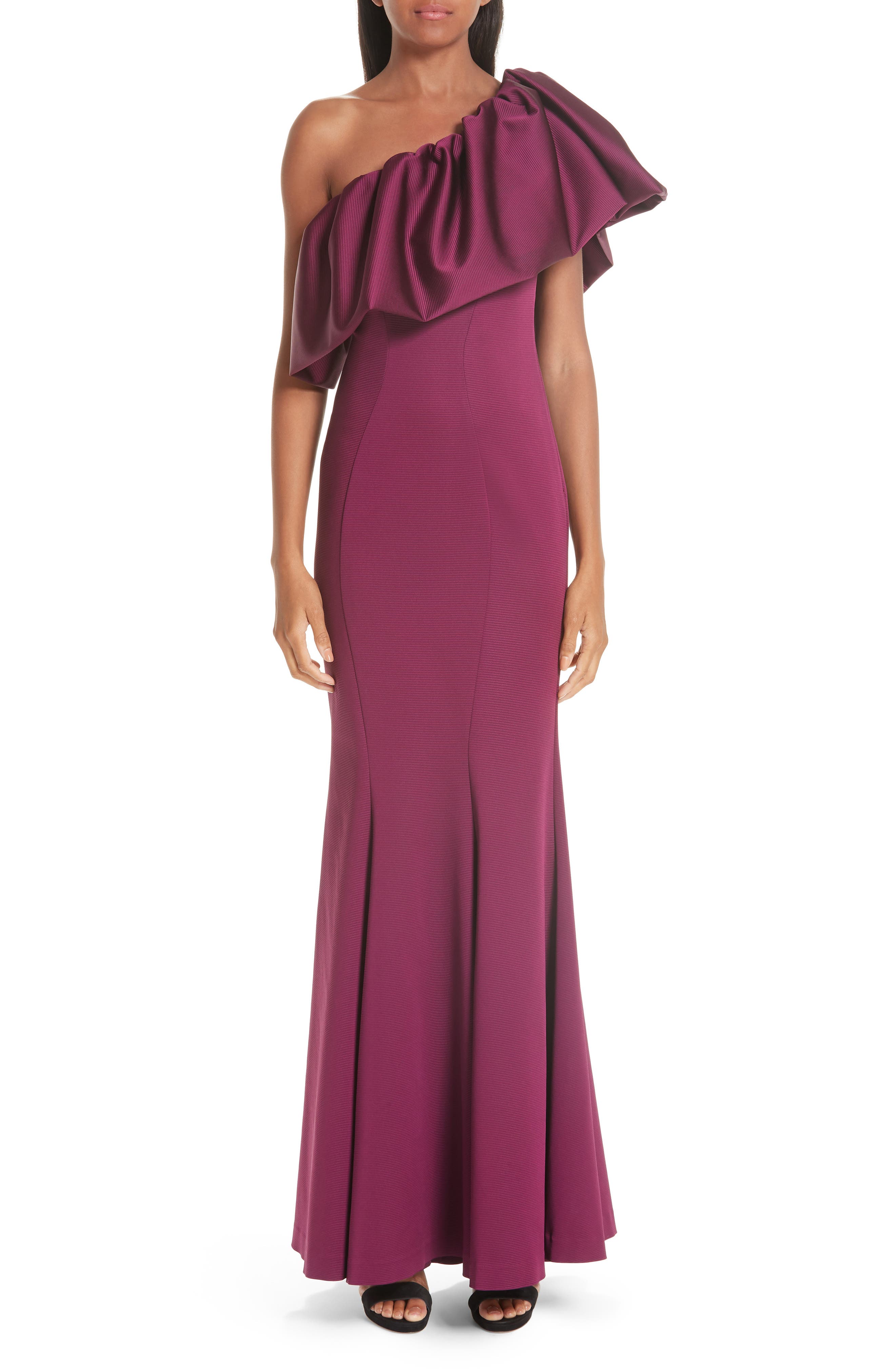 Zac Zac Posen Vaille One-Shoulder Ruffle Evening Dress, Purple