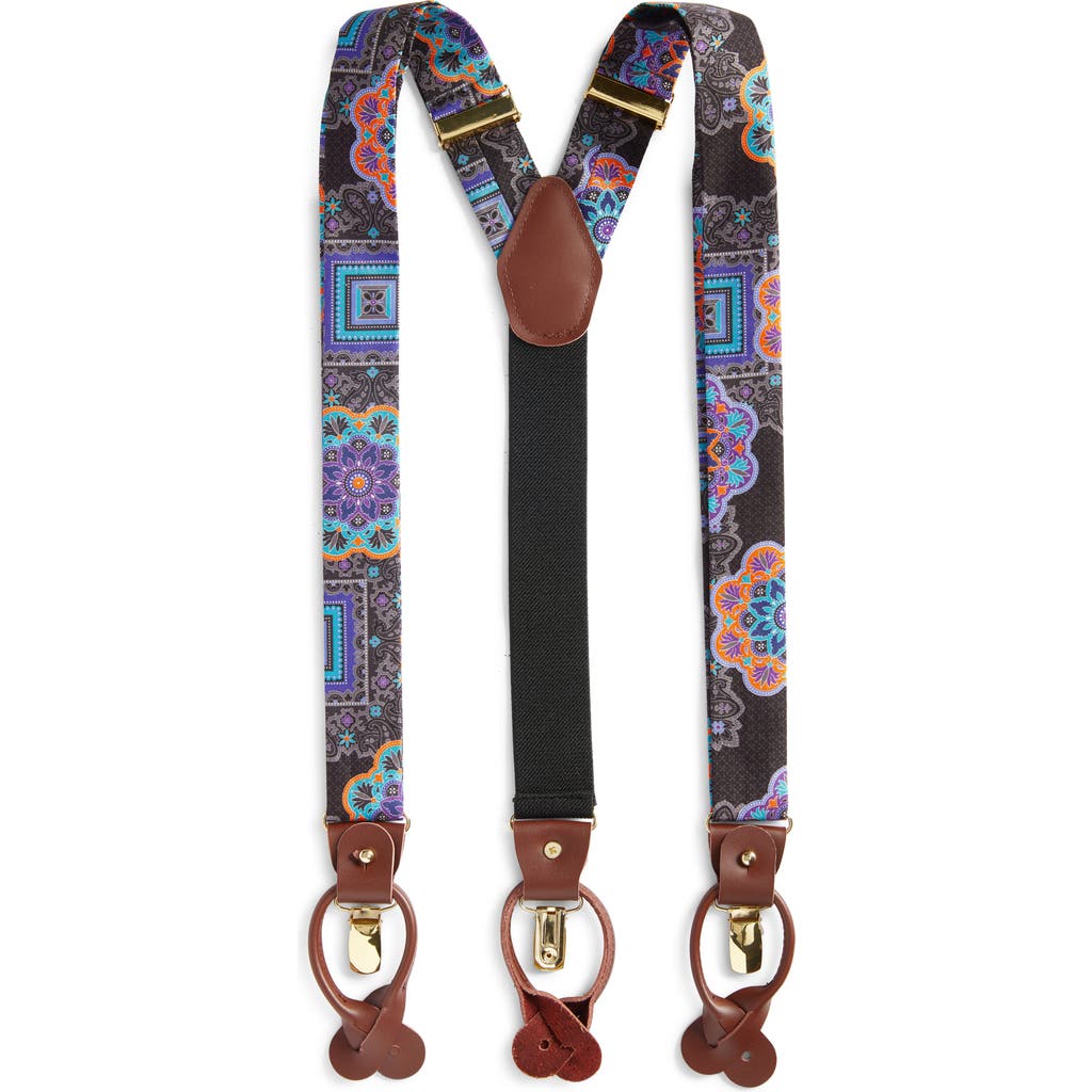 Clifton Wilson Paisley Silk Suspenders In Charcoal