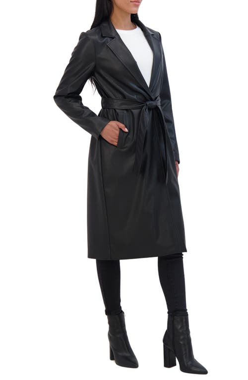 Sebby Belted Longline Faux Leather Trench Coat In Black