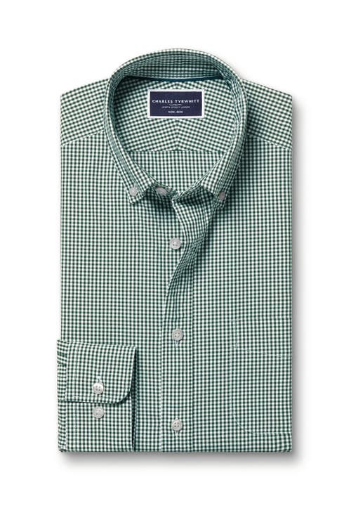 Charles Tyrwhitt Men's Button-down Collar Non-iron Stretch Poplin Mini Gingham Casual Shirt In Green