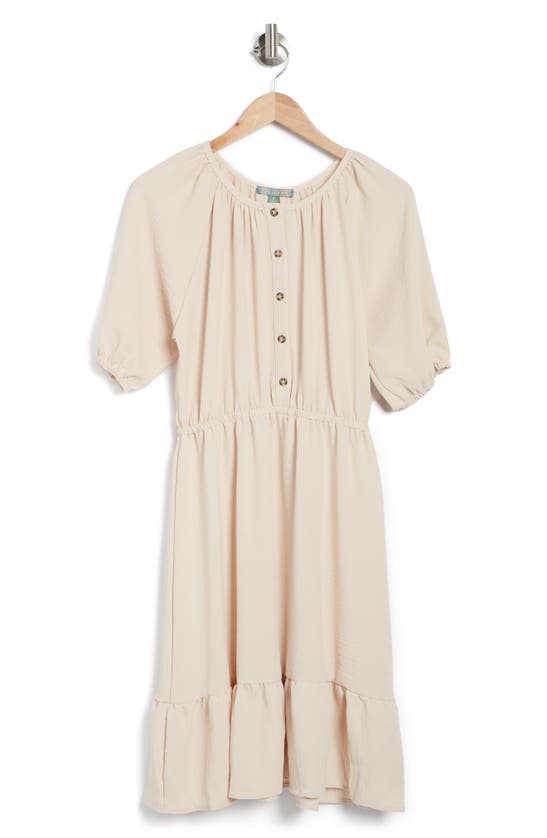 Good Luck Gem Shirred Puff Sleeve Button Front Placket Midi Dress In Oatmeal