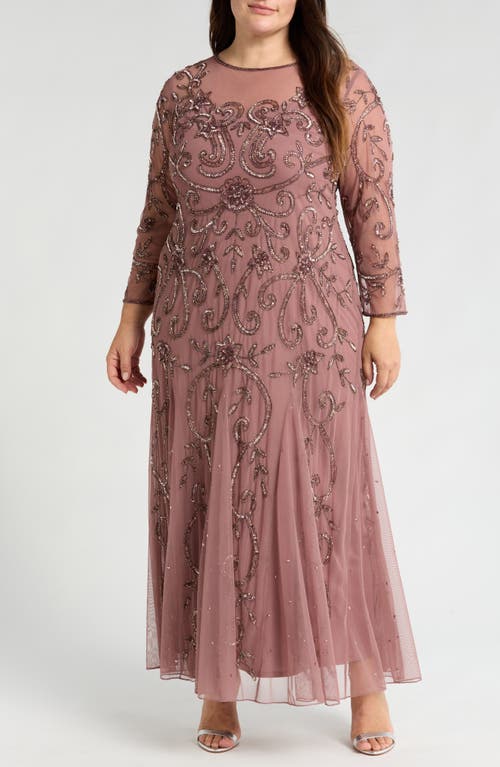 Shop Pisarro Nights Beaded Long Sleeve Gown In Mauve 661