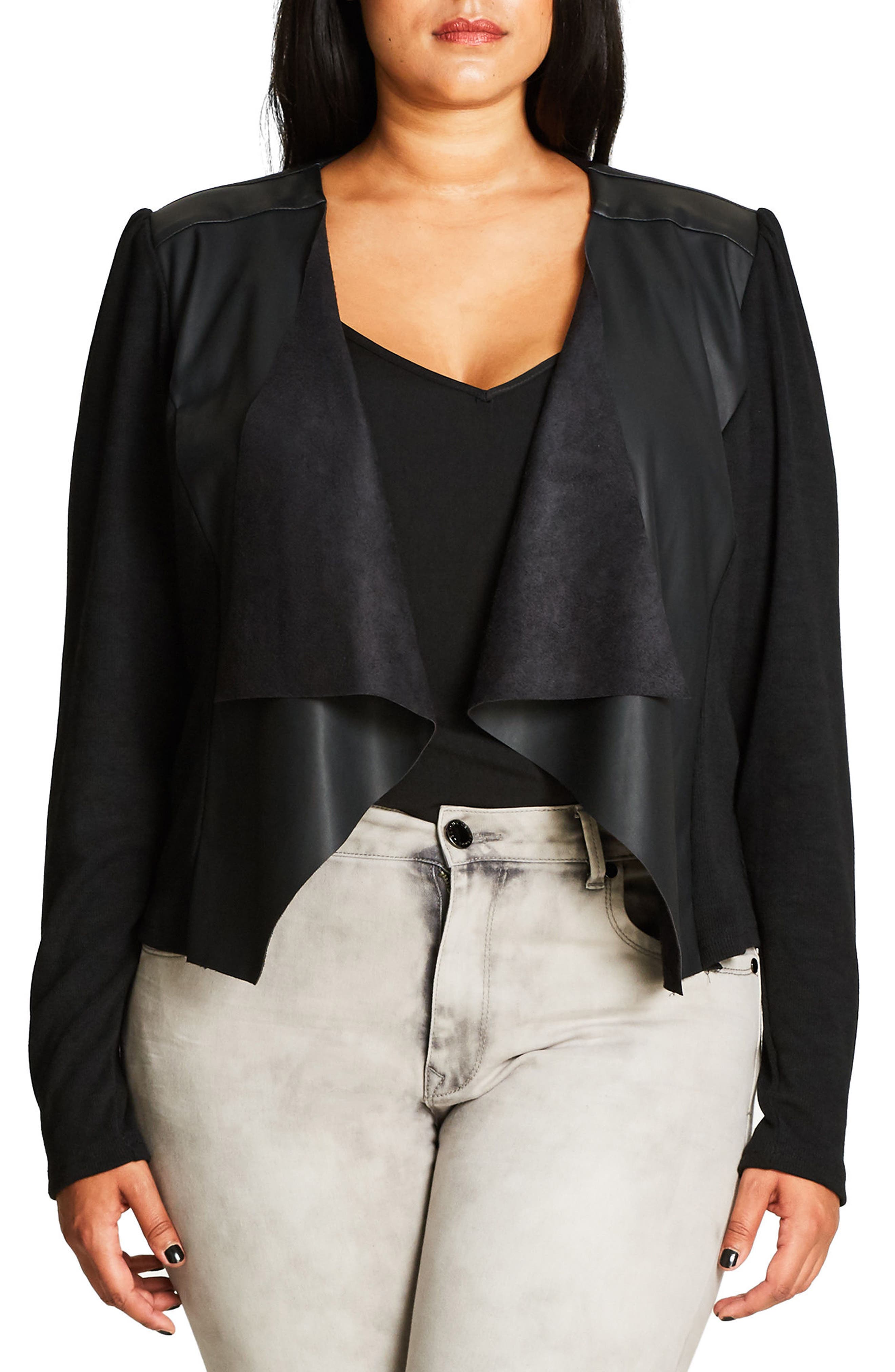 City Chic Faux Leather & Knit Drape Front Cardigan (Plus Size) Nordstrom