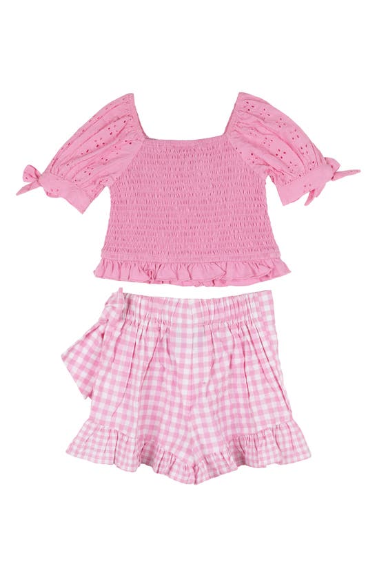 Rare Editions Kids' Eyelet Smocked Top & Ruffle Skort Set In Pink