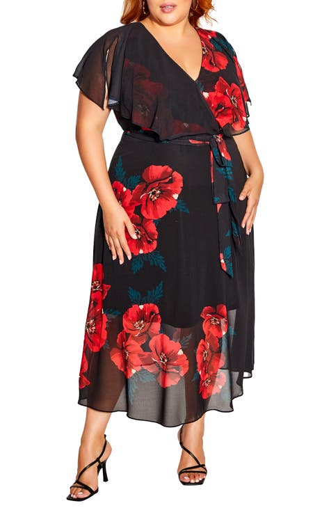 City Chic Women's Plus Floral Knot Front Wrap Dress Black Size 18W