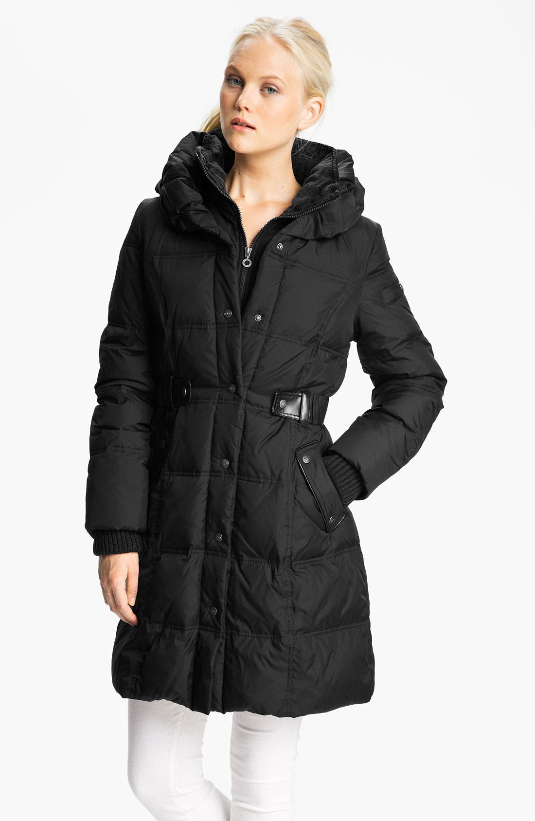 DKNY Faux Leather Trim Water Repellent Quilted Coat Exclusive