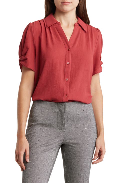 Red Wrap Over Long Sleeve Plunge Top, Women's Tops