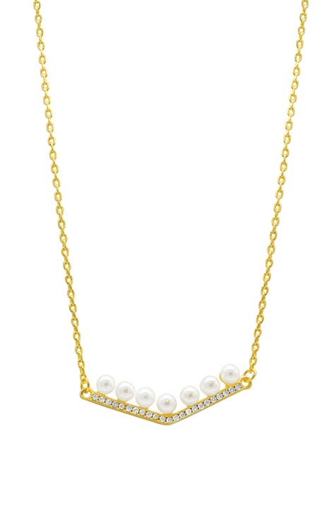 14k Yellow Gold Plated CZ Imitation Pearl Bar Necklace