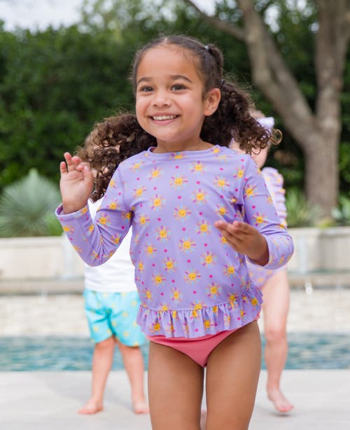 Shop Rufflebutts Toddler Girls Upf50+ Long Sleeve Rash Guard Bikini In Lavender Sunshiny Day