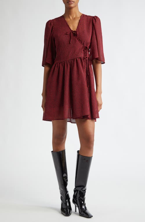 Shop Ganni Wrap Front Gingham Minidress In Winery