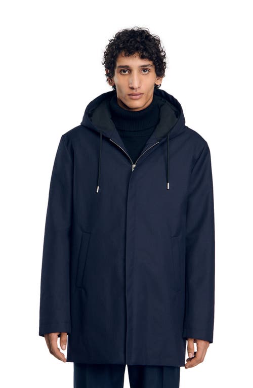 Sandro Hooded Parka With Zip In Navy Blue