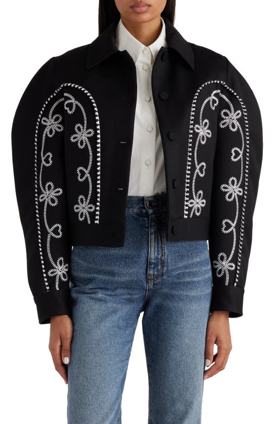 Shop Chloé Embroidered Puff Shoulder Wool Jacket In Black