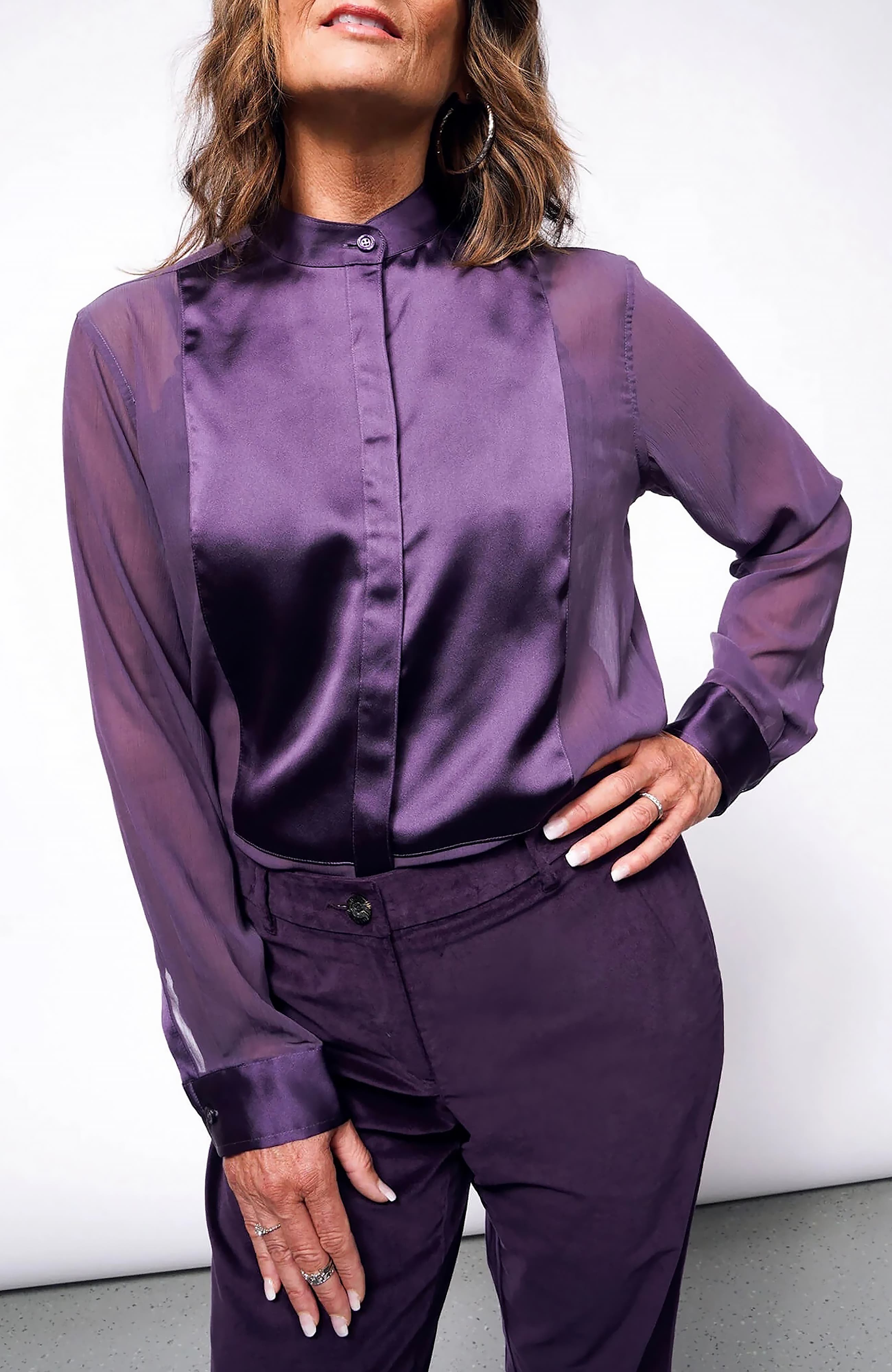 WILDFANG The Empower Sheer Long Sleeve Tuxedo Button Up in Plum 