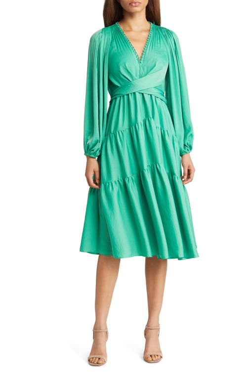KOBI HALPERIN Vienna Long Sleeve Tiered Satin Dress in Sea Green