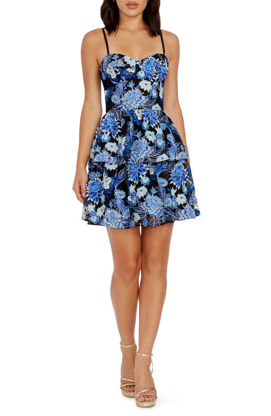 Shop Dress The Population Braelyn Floral Embroidered Tiered Cocktail Minidress In Cobalt Multi