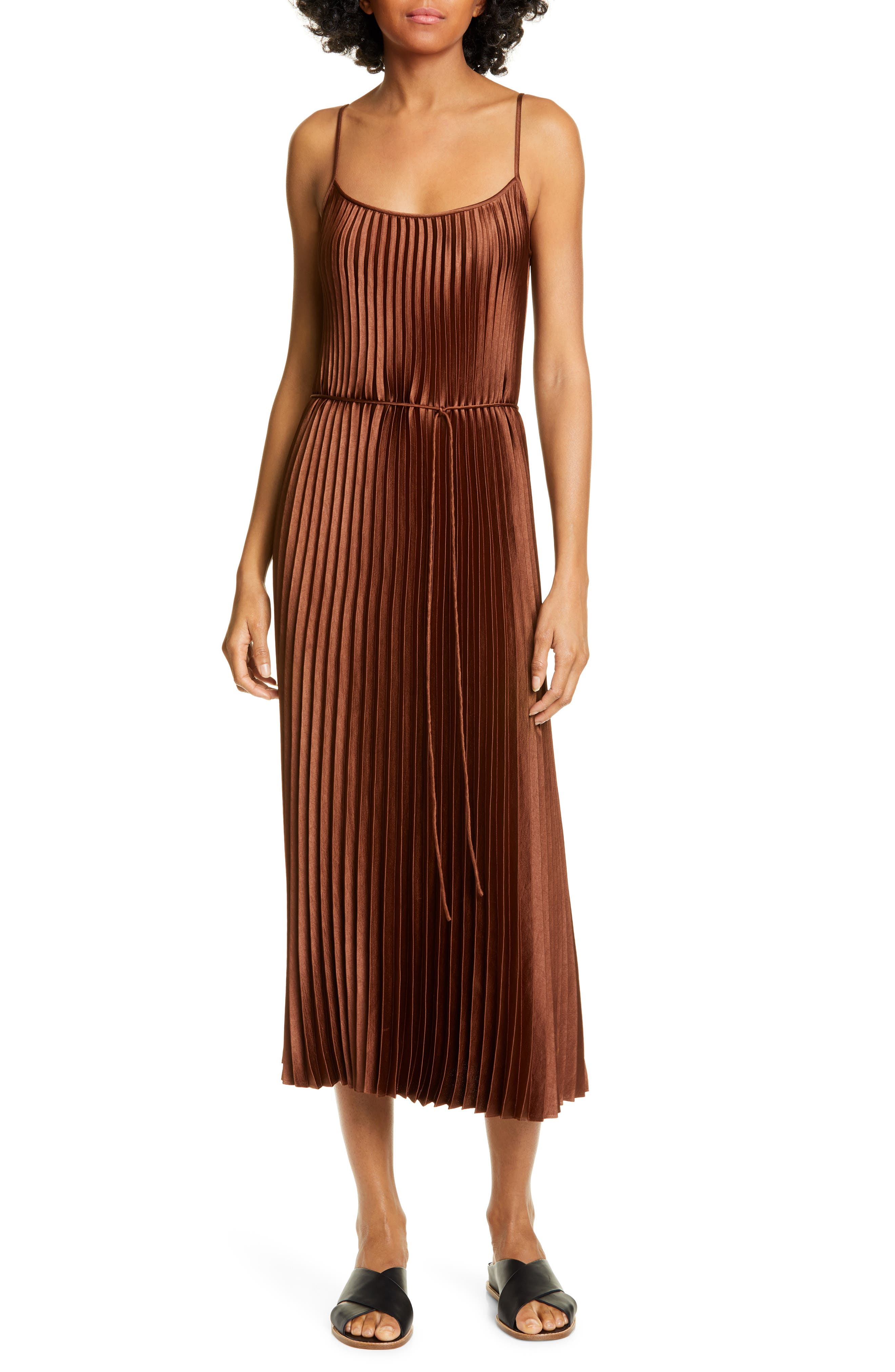 vince pleated satin slip dress