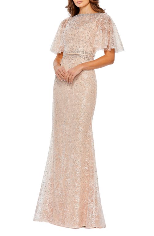 Mac Duggal Beaded Embroidered Flutter Sleeve Trumpet Gown in Blush at Nordstrom, Size 10