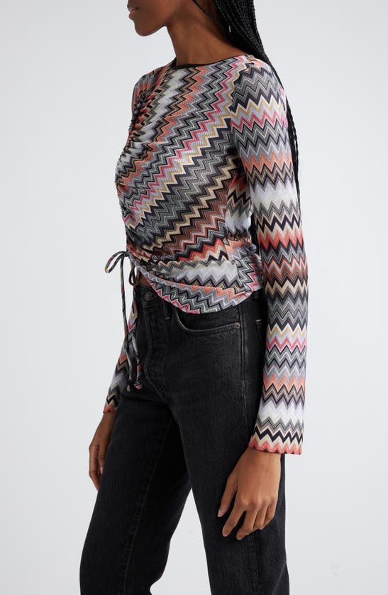 Shop Missoni Chevron Ruched Long Sleeve Knit Top In Black/ Light Tones Multicolor