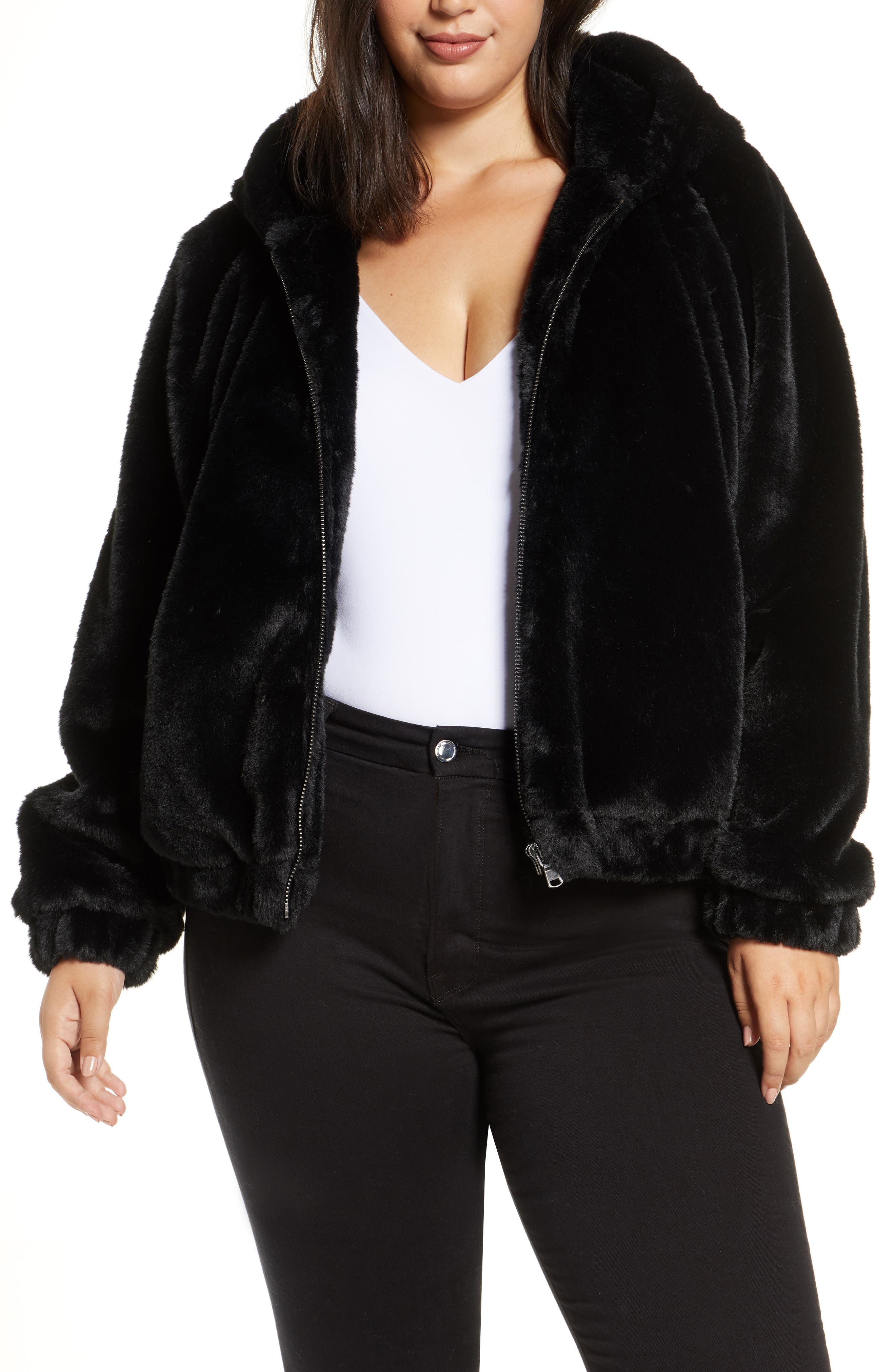 hooded faux fur bomber jacket