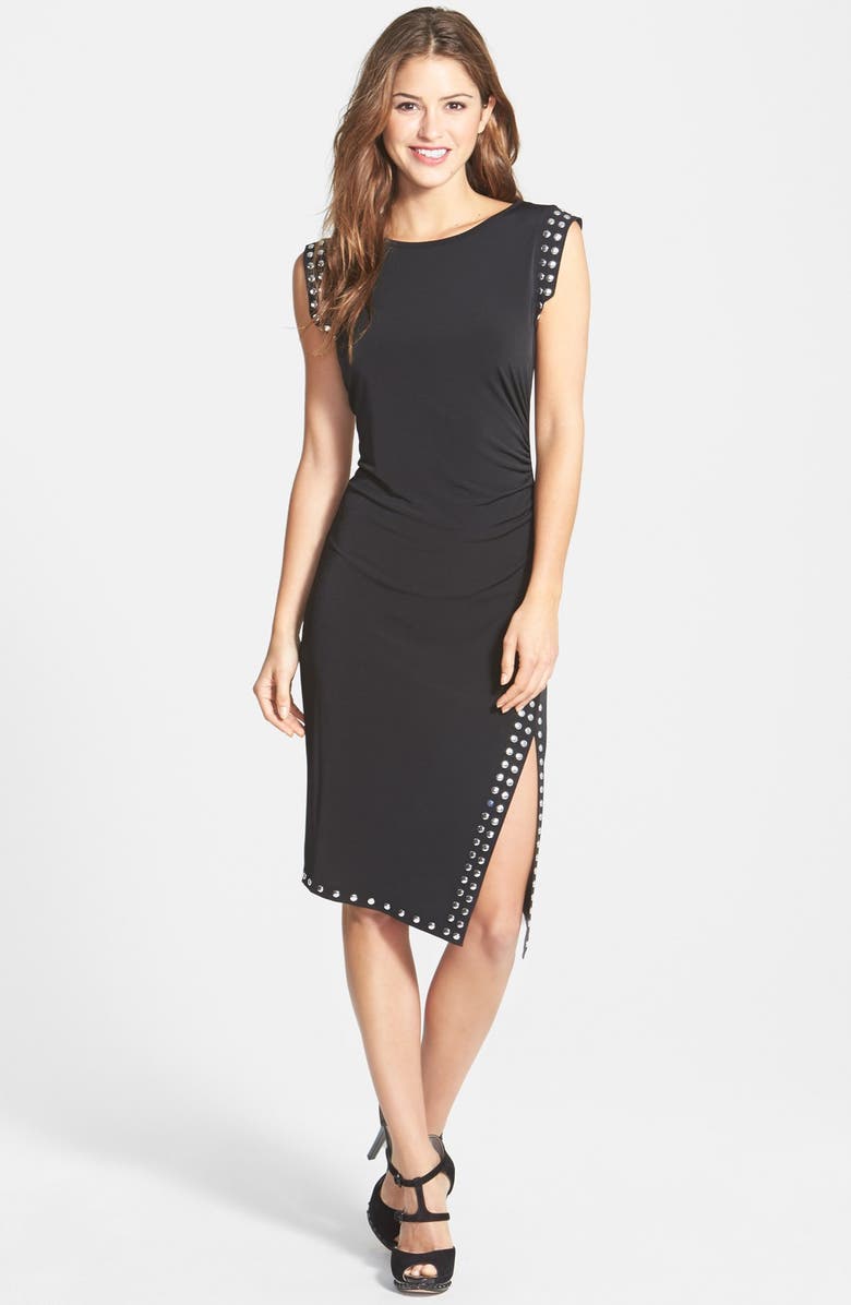 MICHAEL MICHAEL KORS Studded Asymmetric Hem Dress, Main, color, 001