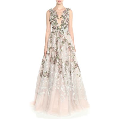 Marchesa Floral Sequin Silk Tulle Gown, Pink