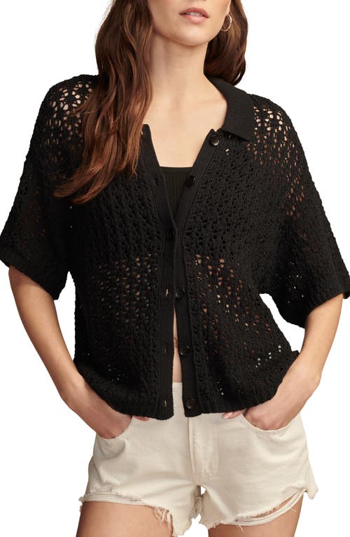 Lucky Brand Open Stitch Short Sleeve Cardigan Dark Black at Nordstrom,