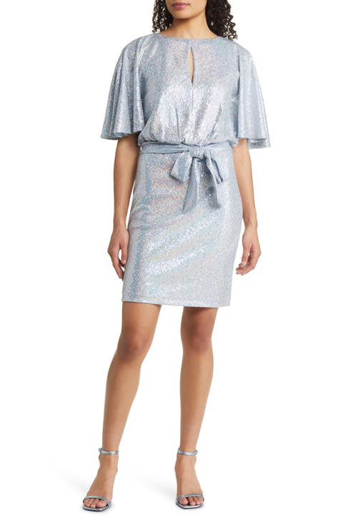 Metallic Flutter Sleeve Cocktail Dress