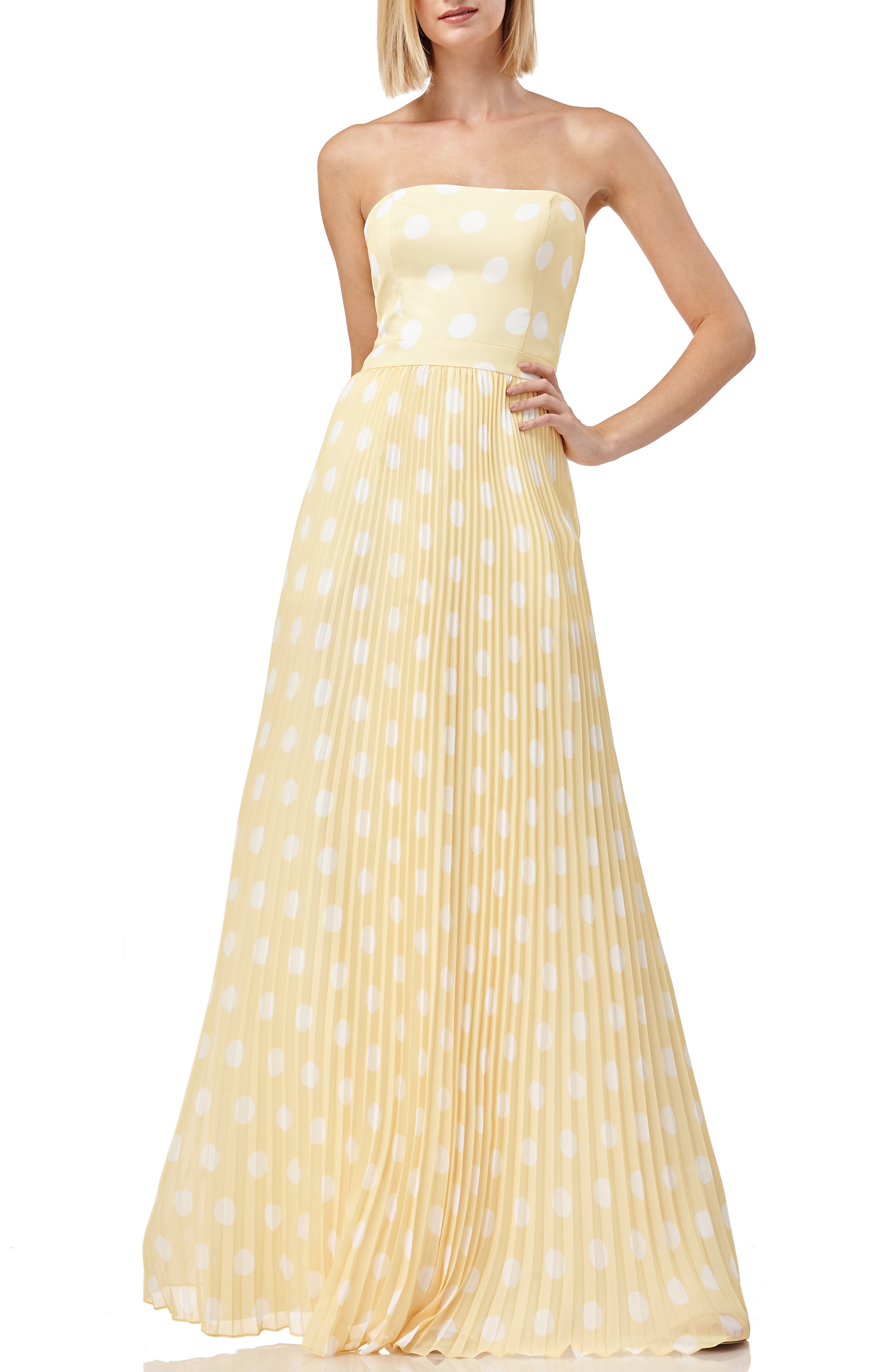 Kay Unger Strapless Polka Dot Pleated Gown, Yellow