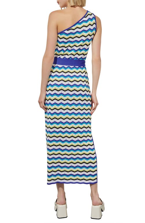 Shop Ming Wang One-shoulder Chevron Stitch Maxi Sweater Dress In Grey/bering/saphire