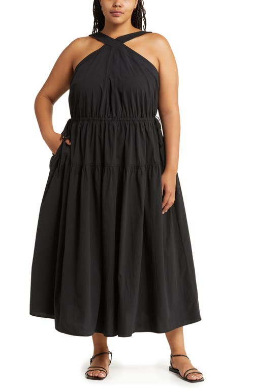 Madewell Halter Tiered Cotton Poplin Midi Dress in True Black