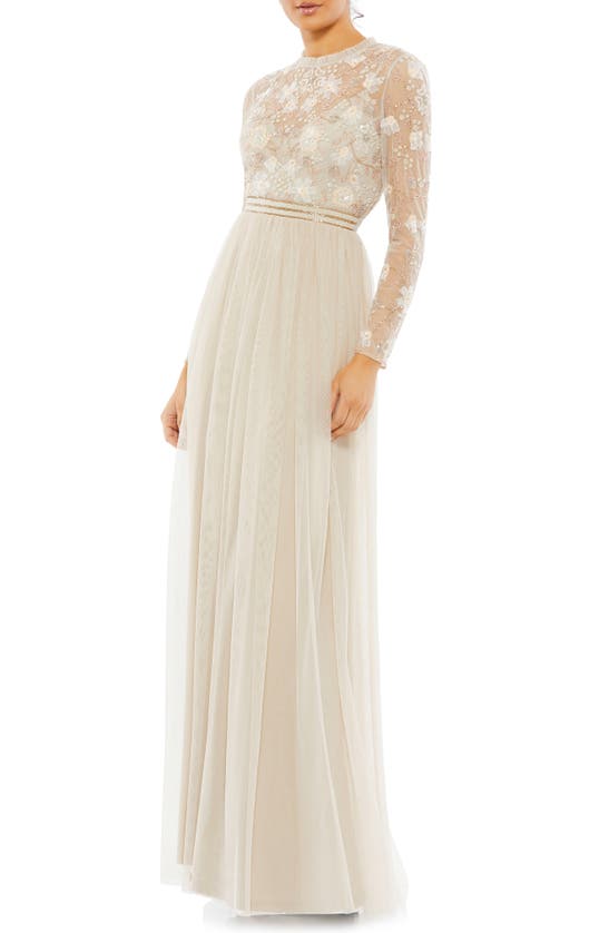 Shop Mac Duggal Beaded Floral Lace Long Sleeve A-line Gown In Vanilla