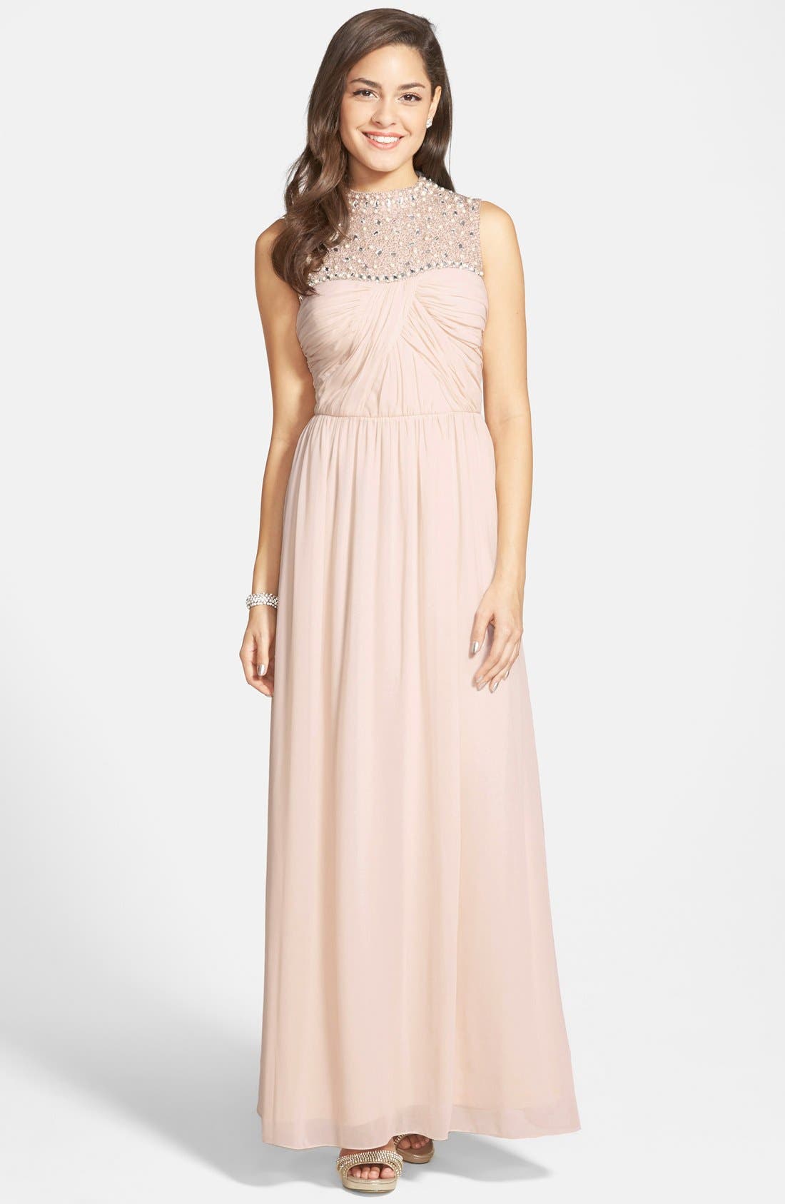 adrianna papell ruched embellished gown